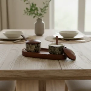 CD-08 Premium Sheesham Wood & Ceramic Condiment Bowl Set with Wooden Tray