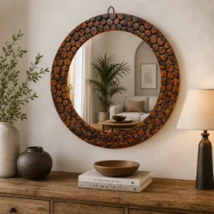 BT-35 Rustic Wood Slice Round Wall Mirror – Handmade Decorative Wooden Mirror for Living Room